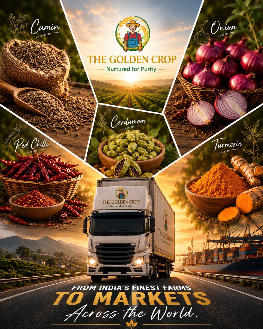 The Golden Crop spices and agricultural products including cumin, onion, red chilli, cardamom, and turmeric, with an export truck and shipping port representing global spice exports from India.